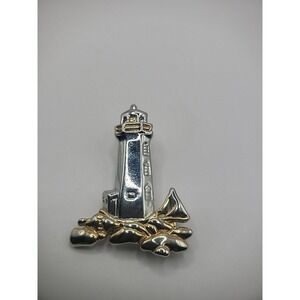 Vintage Brooch Pin Pendant Silver Tone Sailboat Rocks Silver Tone Gold Tone